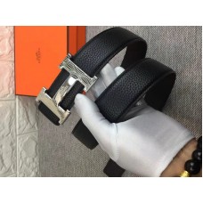 Hermès Fényes Ezüst H Övcsat és Megfordítható Bőrszíj Fekete
